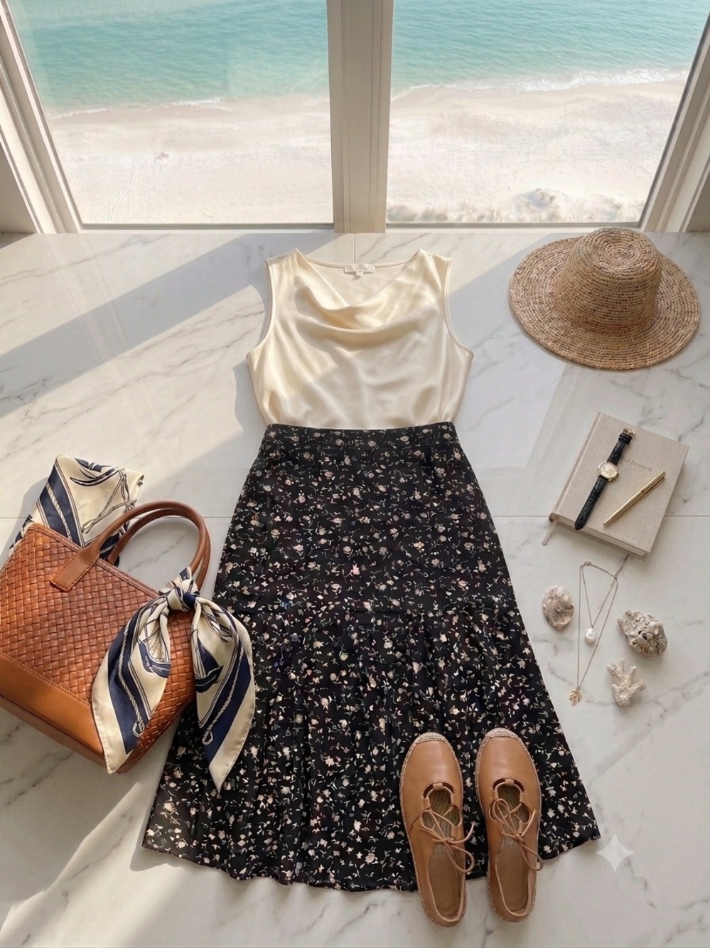 Black Floral Midi Skirt with Subtle White Print